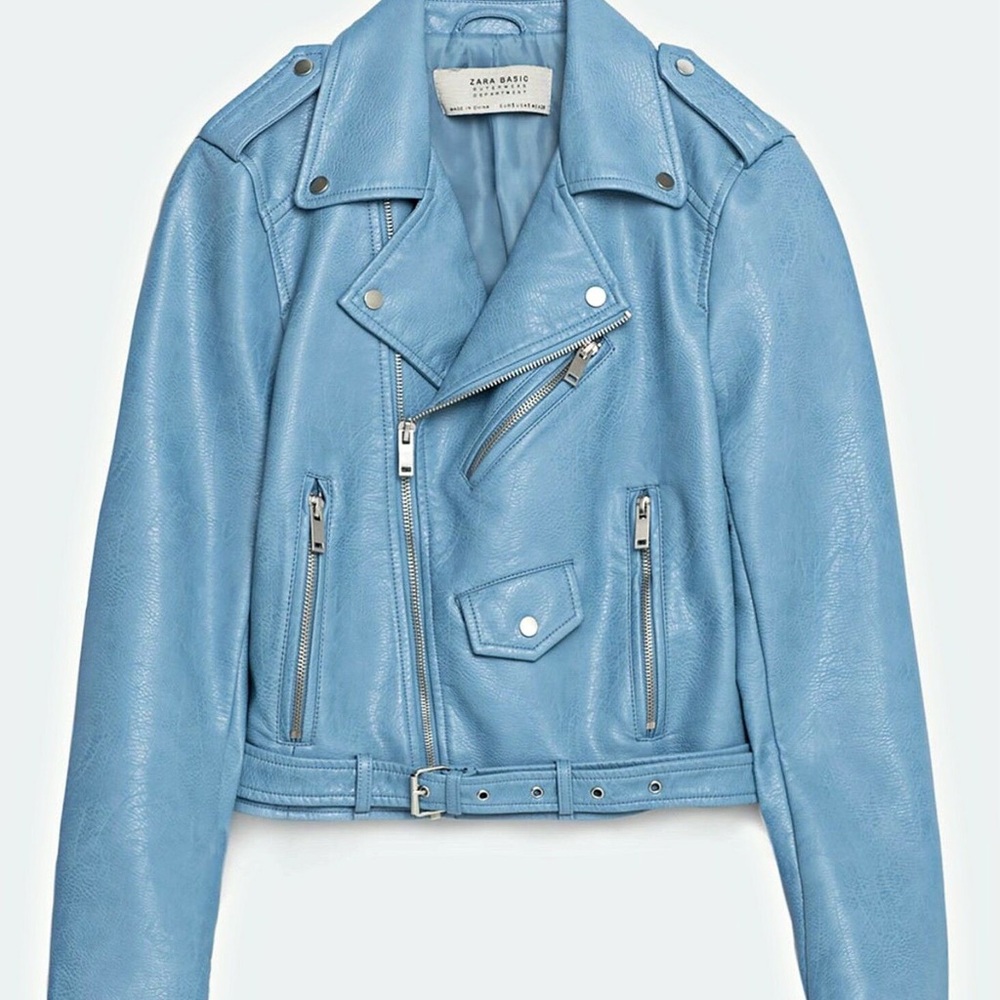 ZARA Blue Faux Leather Moto Jacket